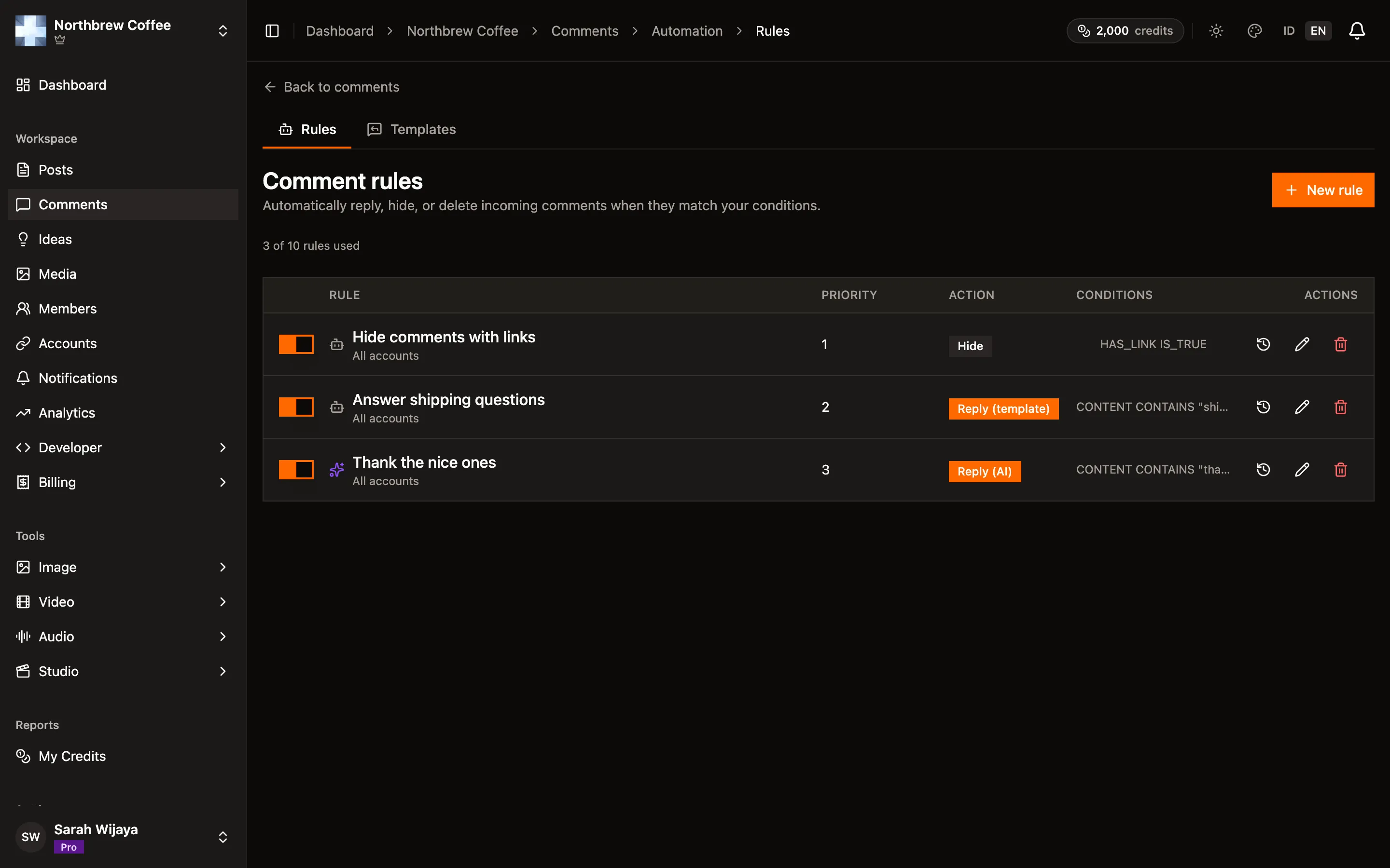 The comment automation rules list with three rules and their conditions.