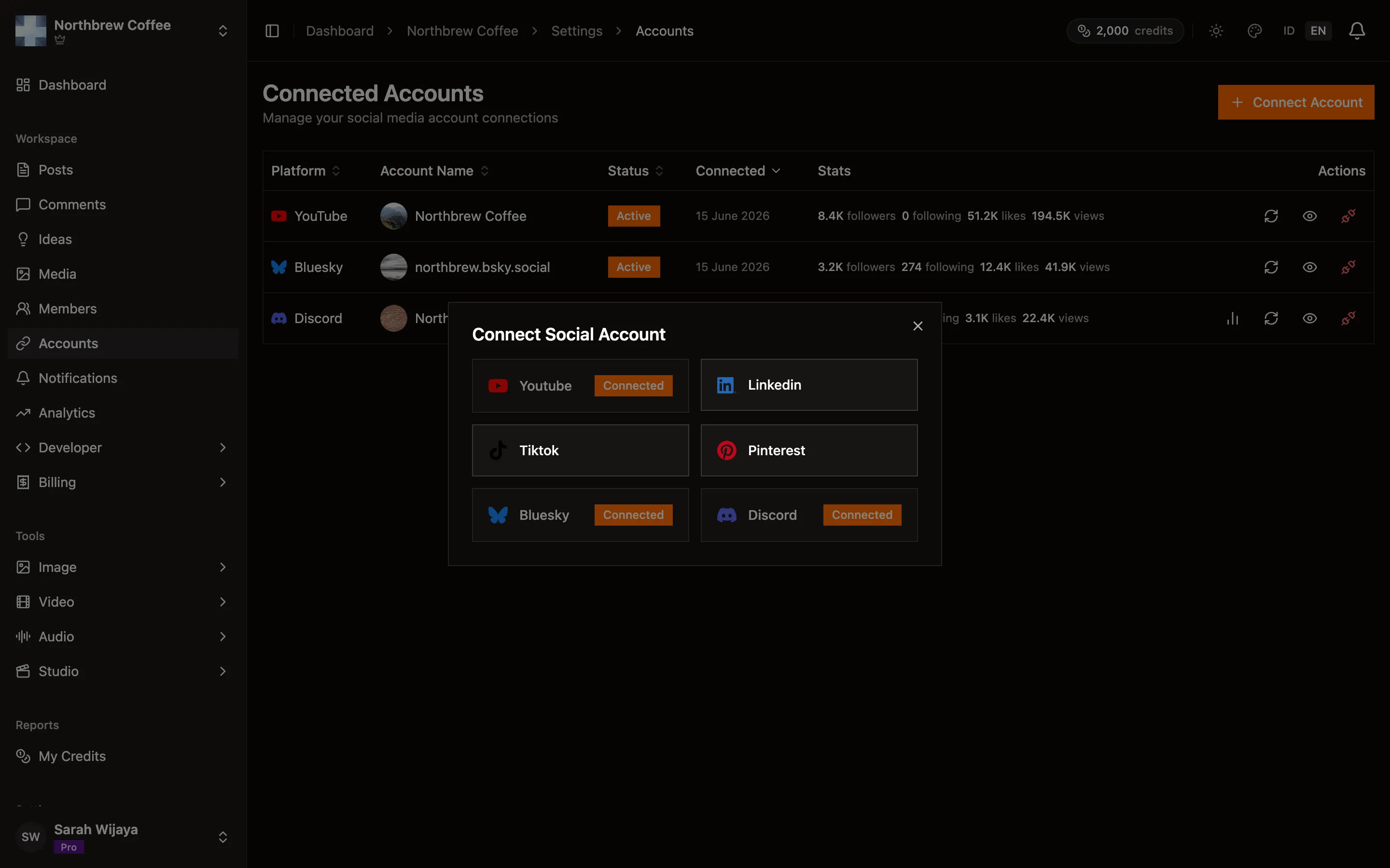 The Connect Account dialog listing the platforms you can link.