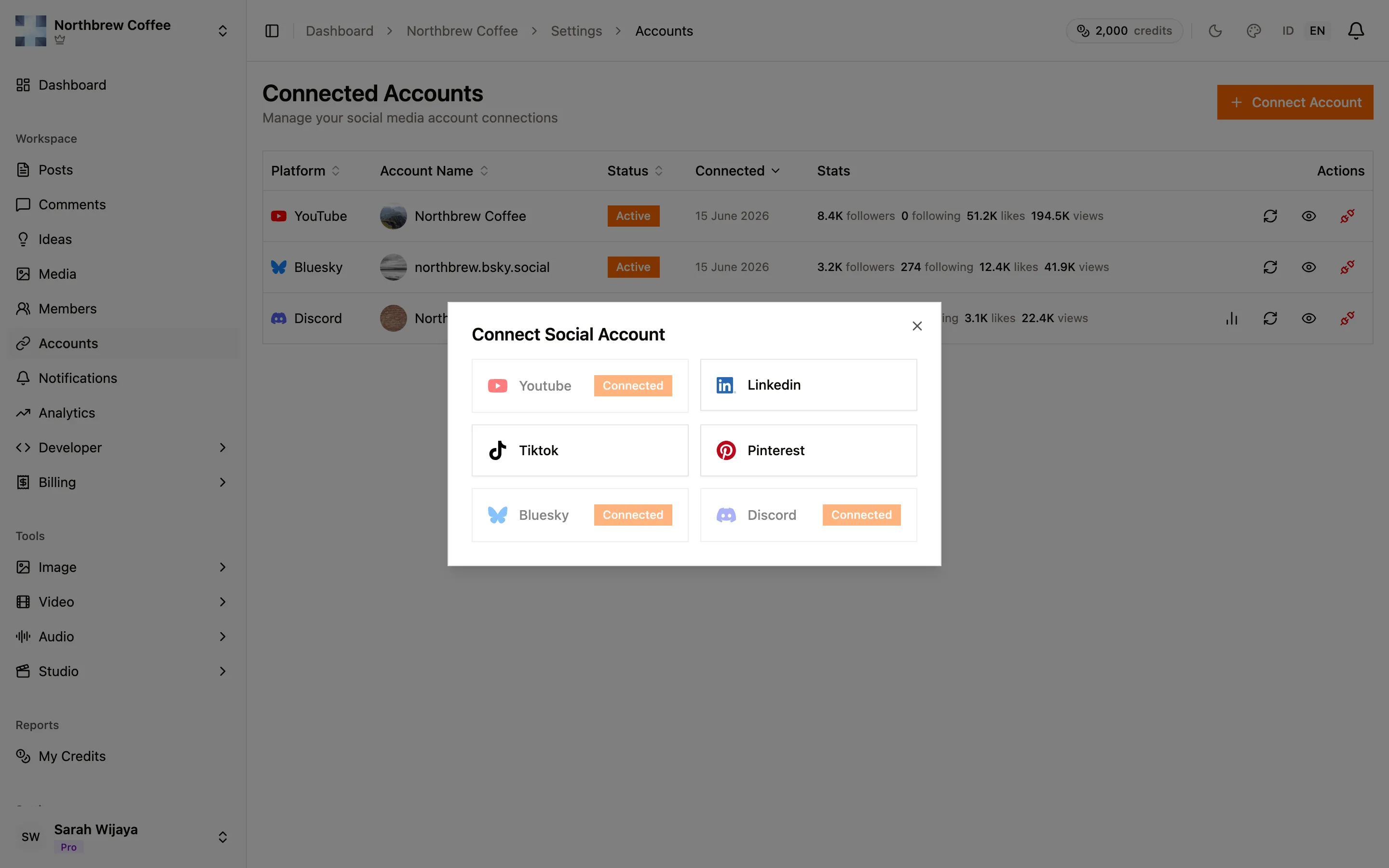 The Connect Account dialog listing the platforms you can link.