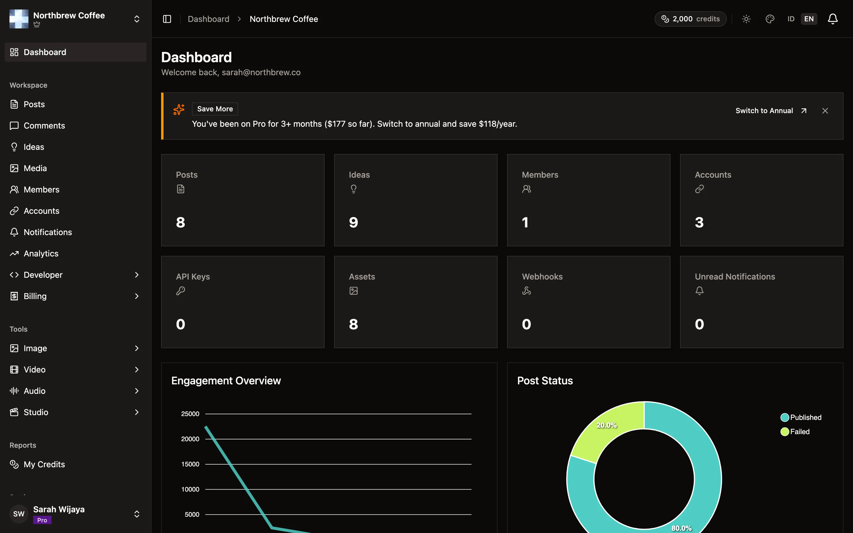 The Publiz dashboard showing post counts, connected accounts, and engagement for a workspace.