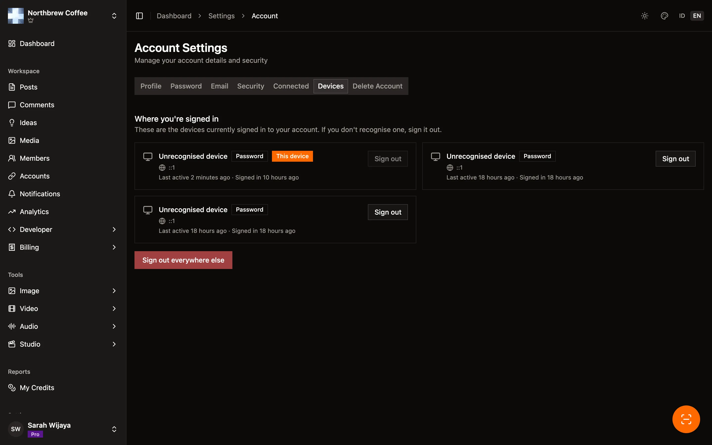 The Devices tab listing active sessions with their browser, location, and last activity.