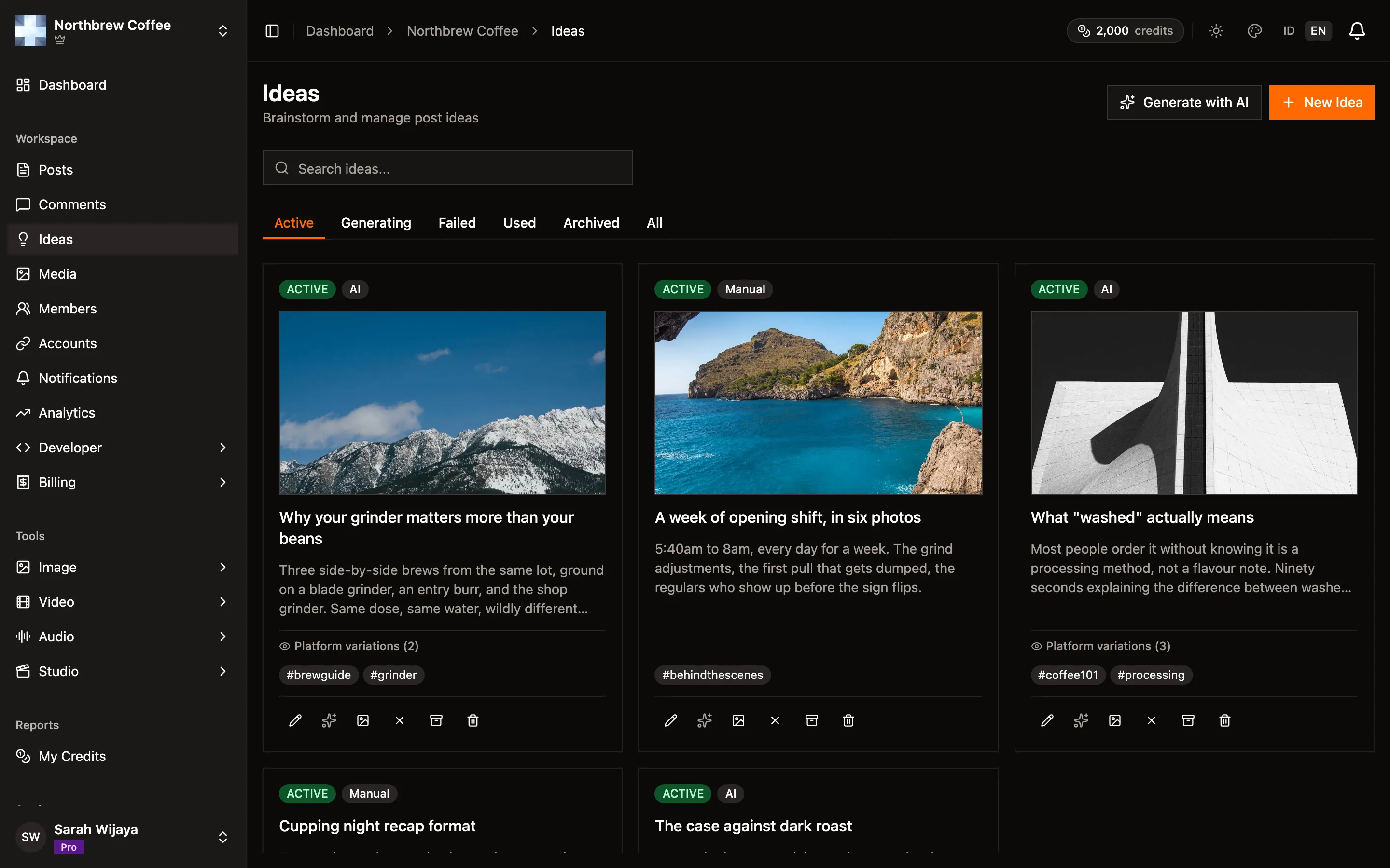 The Ideas page showing a grid of idea cards with tags and status pills.