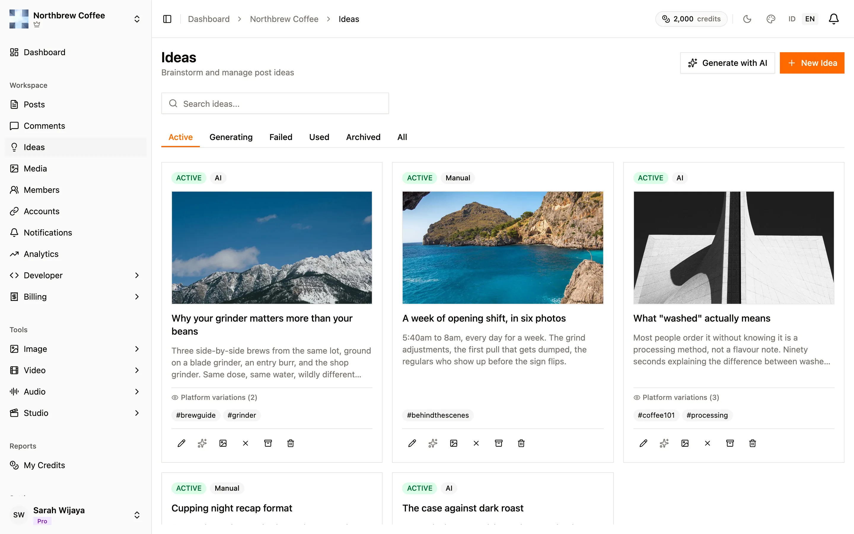 The Ideas page showing a grid of idea cards with tags and status pills.