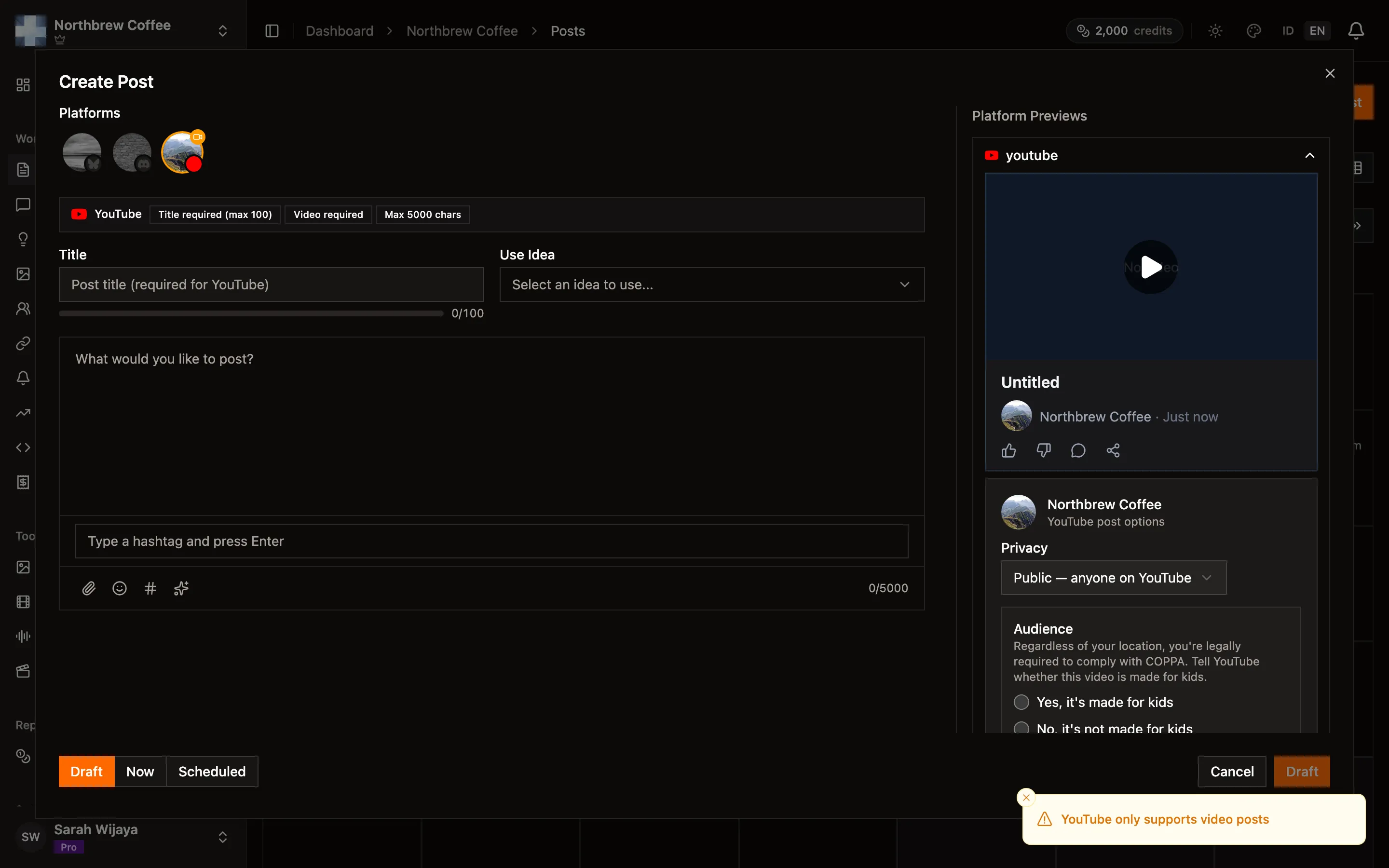 The post composer with a platform selected and its preview on the right.