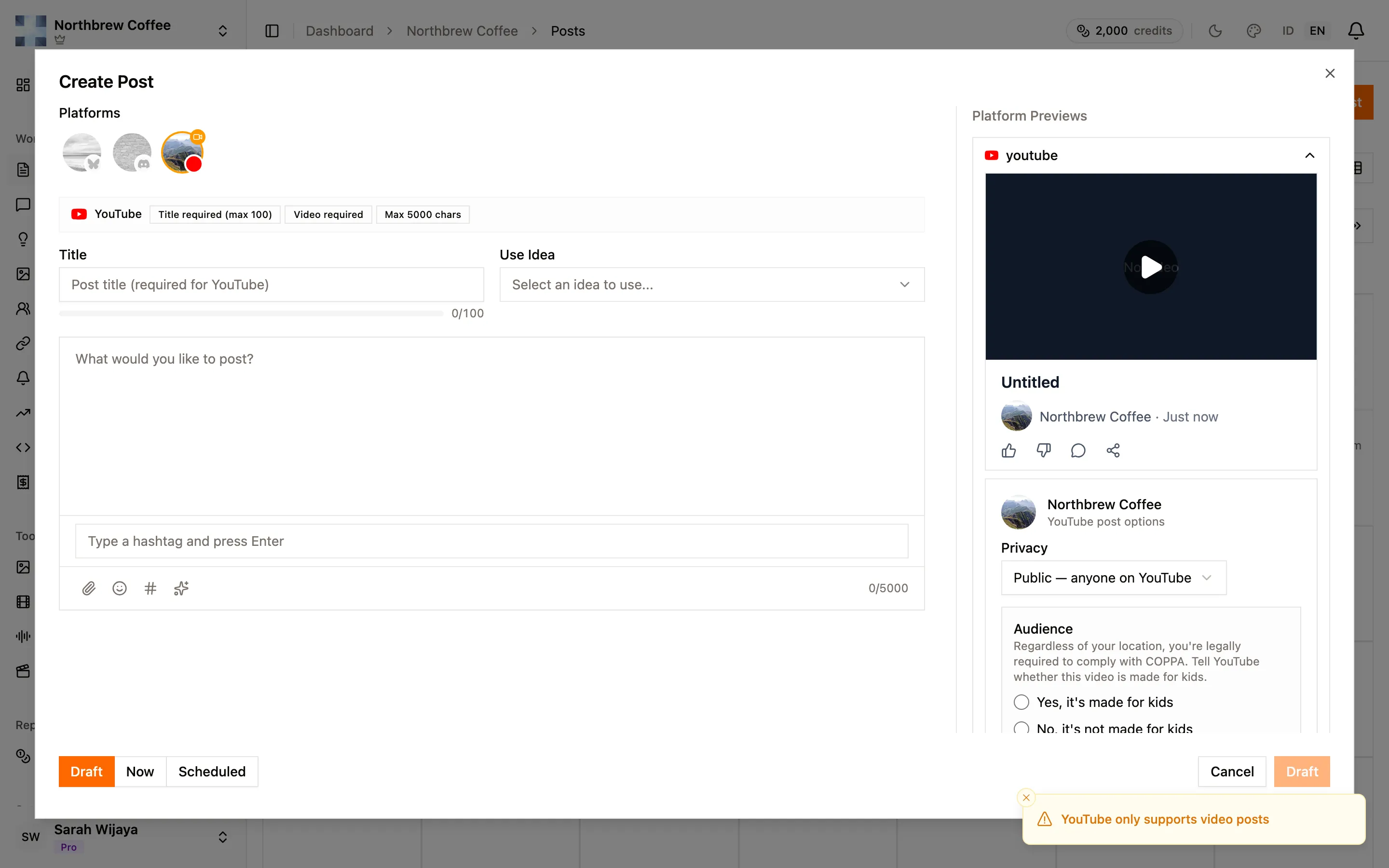 The post composer with a platform selected and its preview on the right.