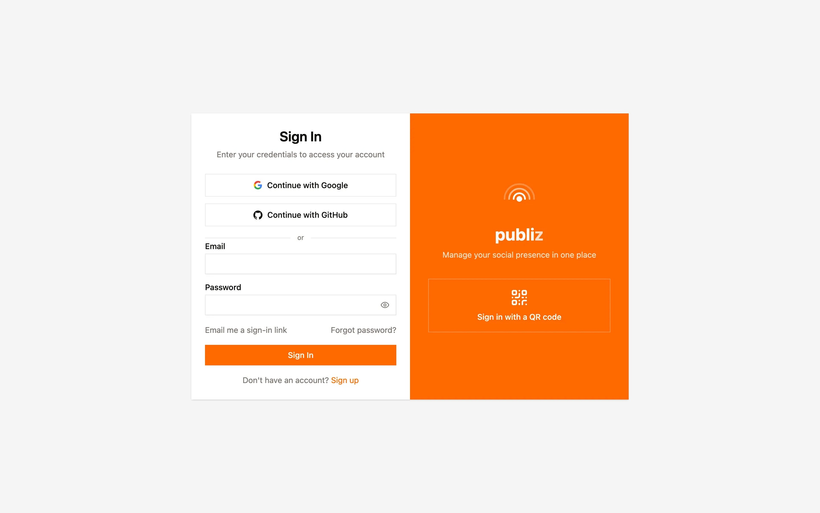 The Publiz sign-in page with social buttons, an email and password form, and links for the magic link and QR options.