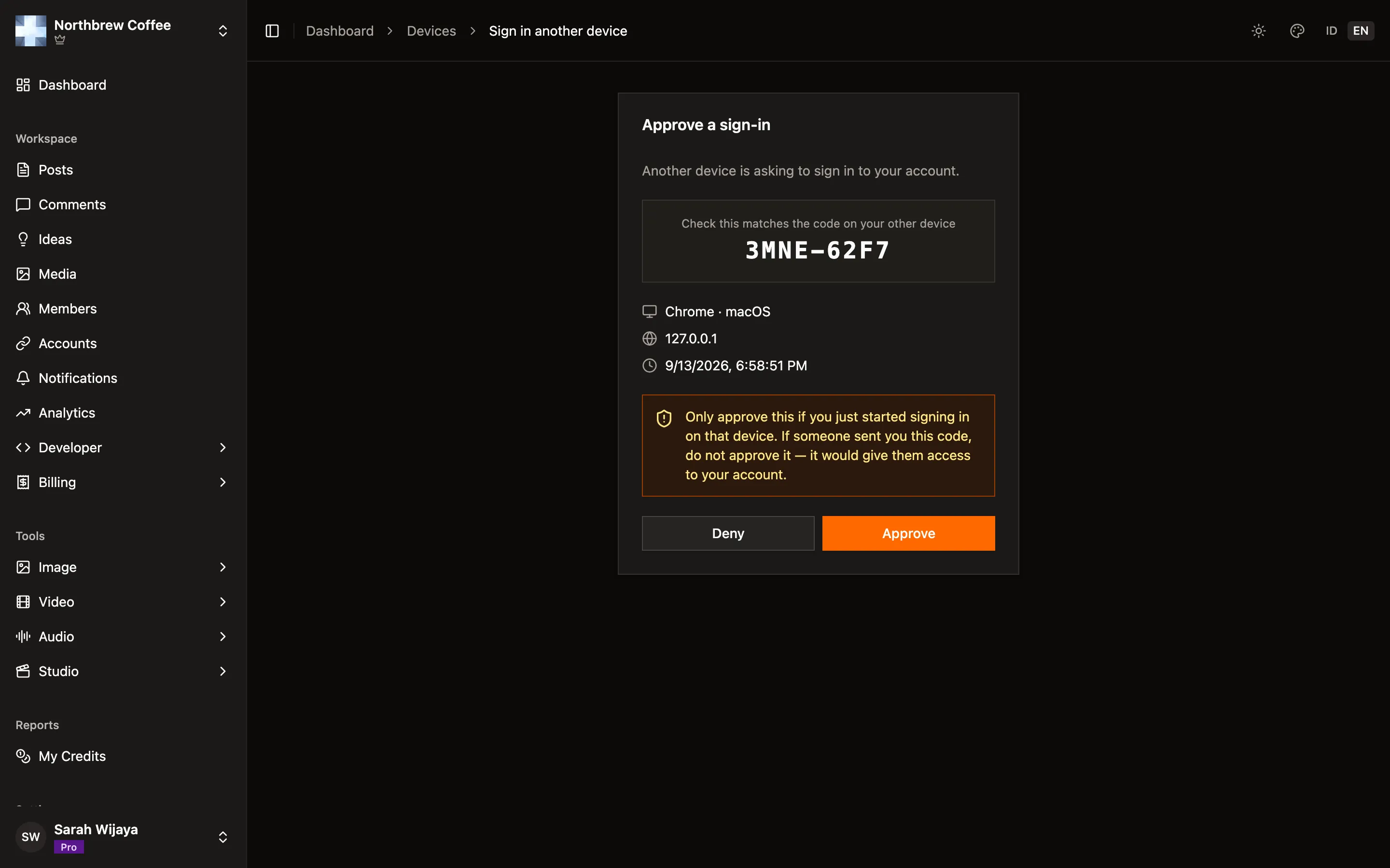 The approval screen showing the requesting browser and IP address with an Approve button.