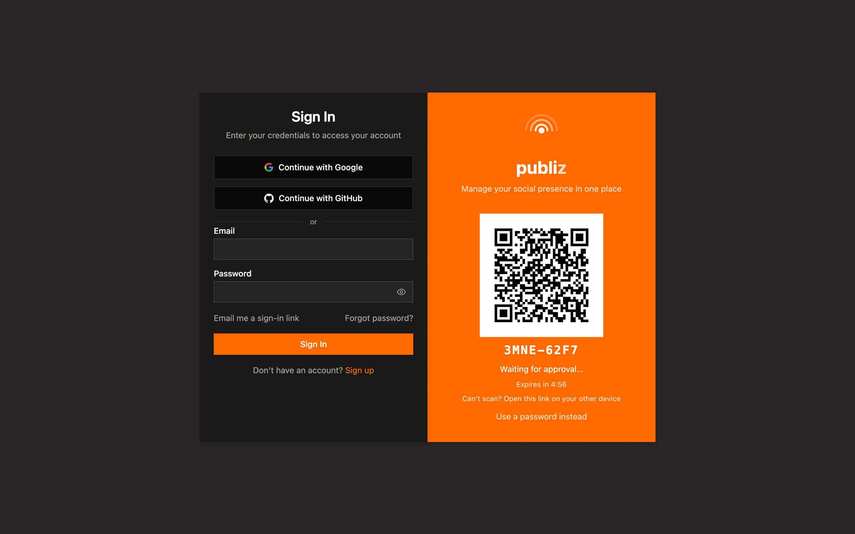 The QR sign-in screen showing a QR code, the matching short code, and a countdown.