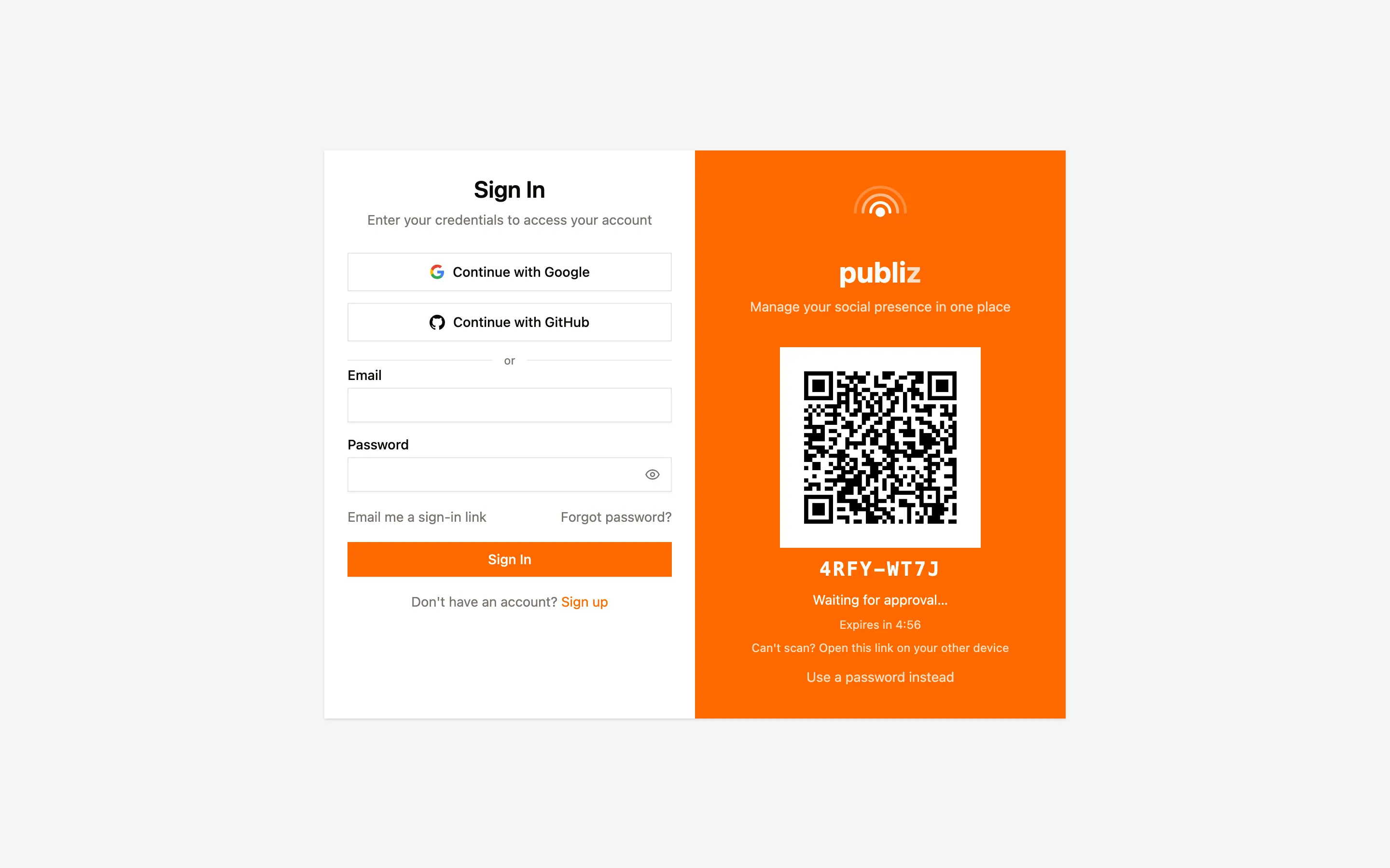 The QR sign-in screen showing a QR code, the matching short code, and a countdown.